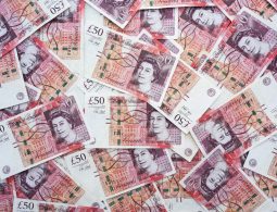 Close up of English sterling fifty pound notes